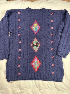 Navy Cable-Knit Crewneck Sweater with Plaid Diamond Appliqués
